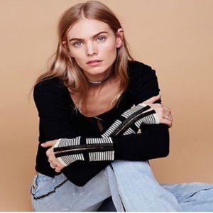 Free People We the Free Mod Striped Cuff Thermal Top Black MEDIUM